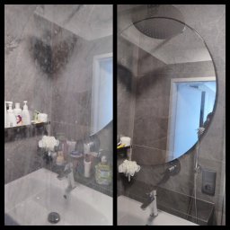 Cleanest usługi sprzątające - Porównanie stanu kabiny prysznicowej przed i po czyszczeniu: po lewej stronie osad z mydła i kamienia, po prawej lśniąca czystość i widoczny prysznic deszczownica.