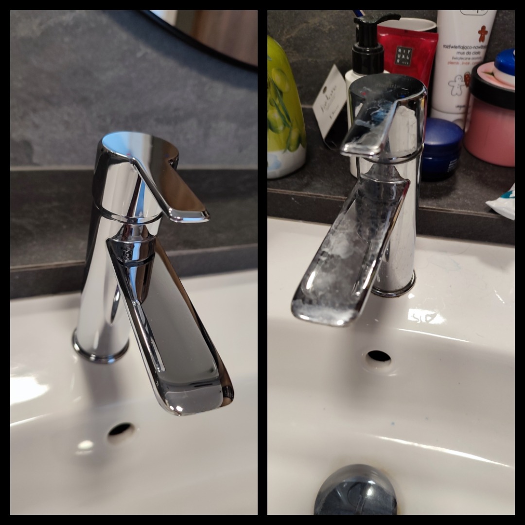 Porównanie baterii umywalkowej przed i po czyszczeniu w Gdańsku. Po lewej lśniąca, chromowana bateria, po prawej bateria z widocznymi śladami osadu i zacieków.