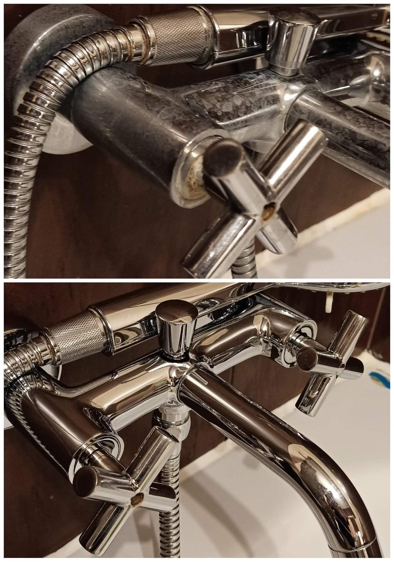 Porównanie kranu prysznicowego przed i po czyszczeniu, widoczne osady kamienia na górnym zdjęciu i błyszcząca powierzchnia po zabiegu na dolnym zdjęciu.
