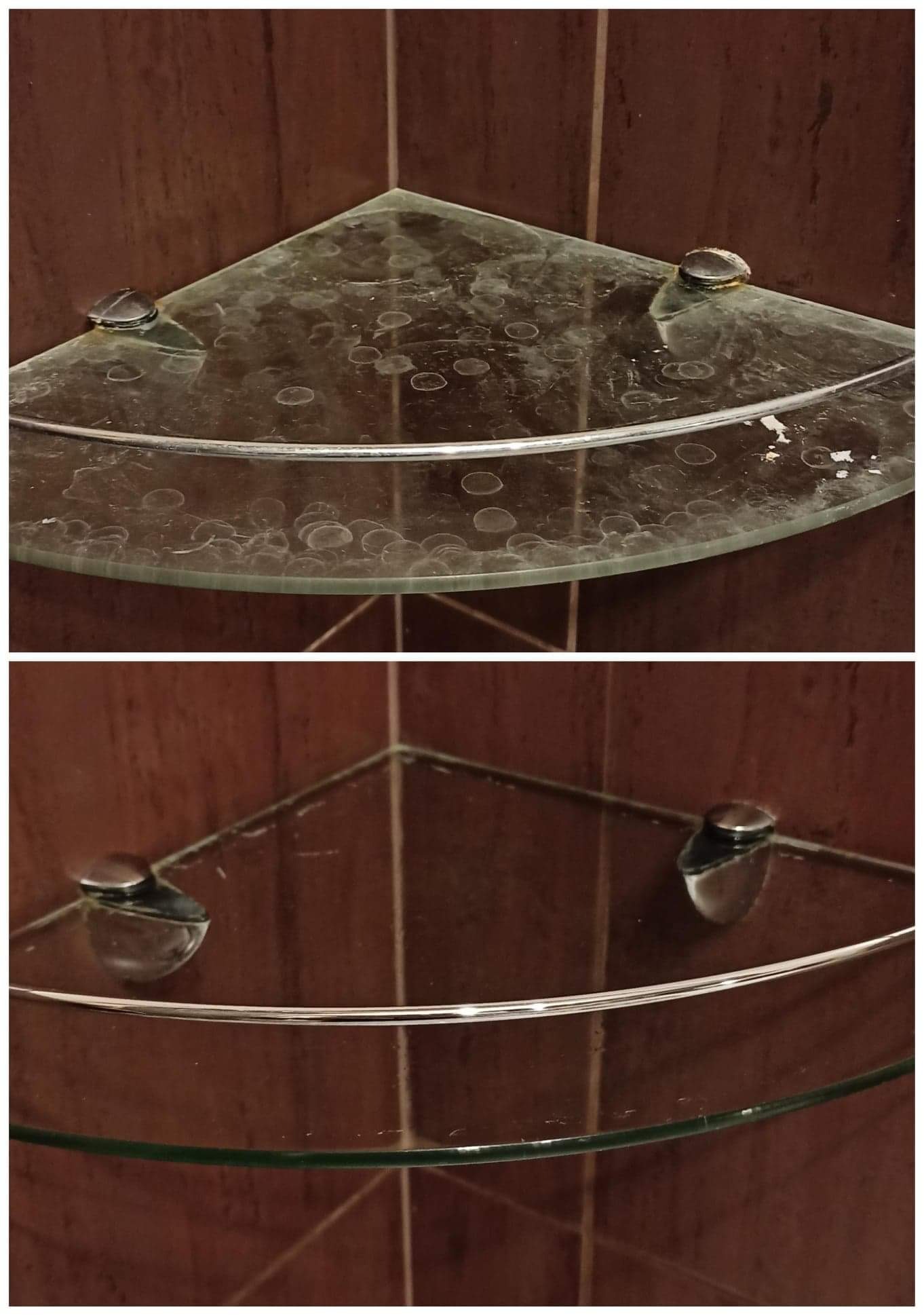 Porównanie: szklana półka narożna w kabinie prysznicowej, przed i po czyszczeniu. Na górnym ujęciu widoczne liczne zacieki i osady z mydła, na dolnym półka lśniąca czystością.