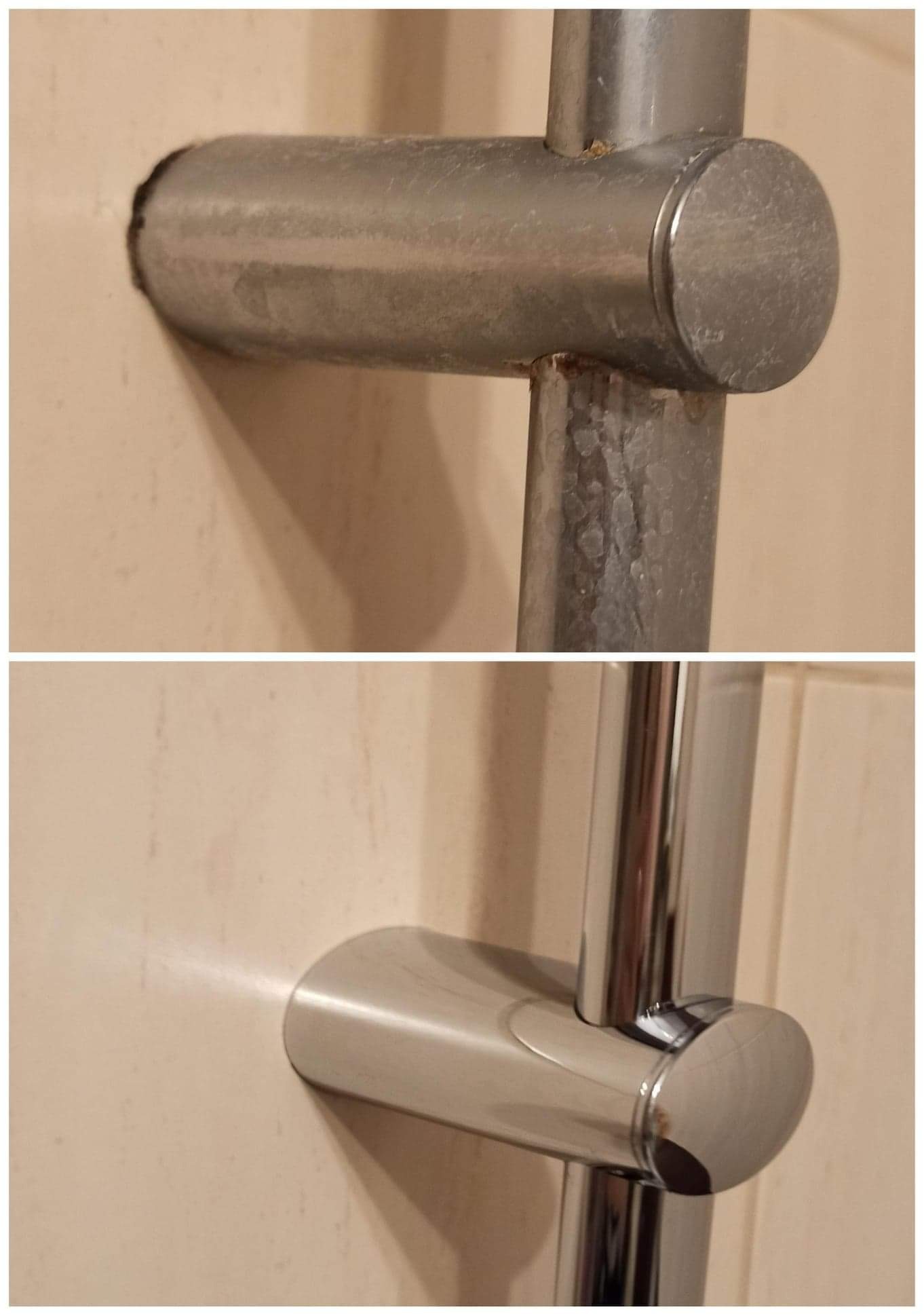 Porównanie: Uchwyt prysznicowy przed i po czyszczeniu, widoczny osad wapienny usunięty, połysk odzyskany.