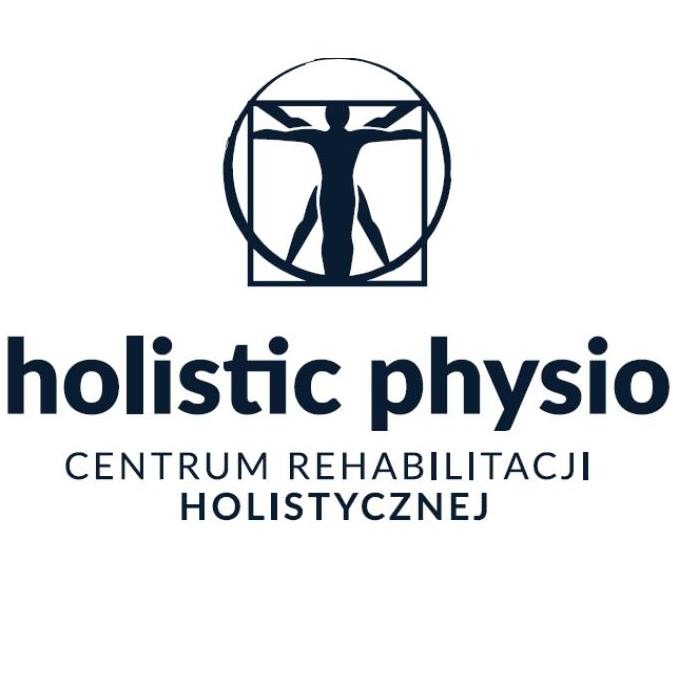 Logo firmy Holistic Physio, centrum rehabilitacji holistycznej, z sylwetką człowieka w kole i kwadracie, inspirowane rysunkiem witruwiańskim Leonarda da Vinci.