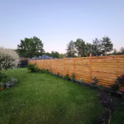 Nowoczesne ogrodzenie z poziomych desek w kolorze jasnego drewna, oddzielające zadbany trawnik z kwitnącym drzewem od sąsiedniej posesji, widoczne domy z ciemnymi dachami w tle, spokojna sceneria...