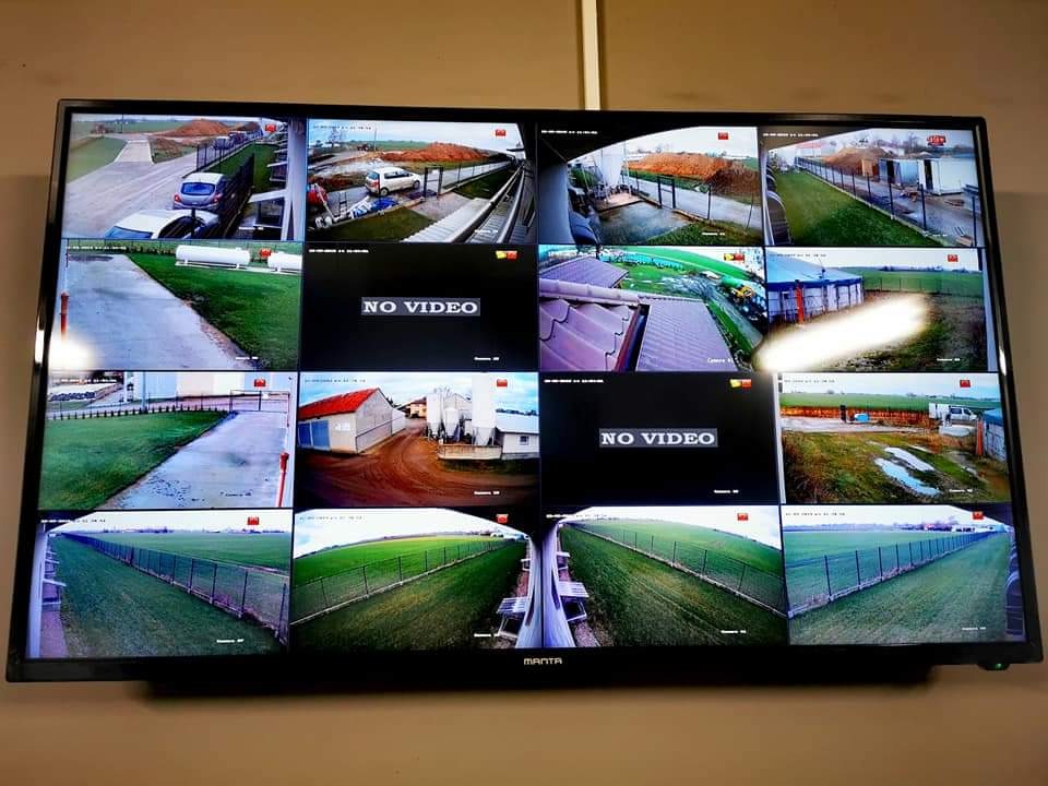 Ekran monitora Manta z podglądem z kamer przemysłowych, widoczne ujęcia z różnych lokalizacji, w tym tereny zielone, budynki gospodarcze i drogi dojazdowe, niektóre kamery wyświetlają komunikat 'NO...