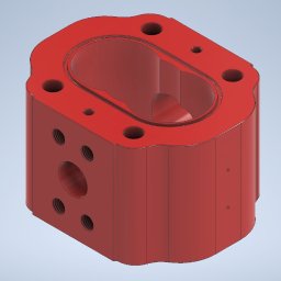 3FX - Czerwony, trójwymiarowy model CAD bloku z otworami o różnych średnicach, w tym gwintowanymi, na jasnoniebieskim tle.