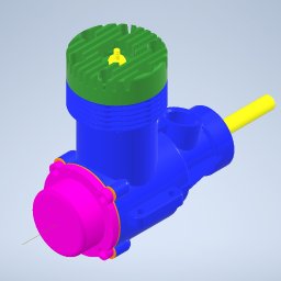 3FX - Kolorowy model 3D silnika spalinowego z zielonym cylindrem chłodzonym żebrami, niebieskim blokiem, różowym deklem i żółtym wałem korbowym na jasnym tle.
