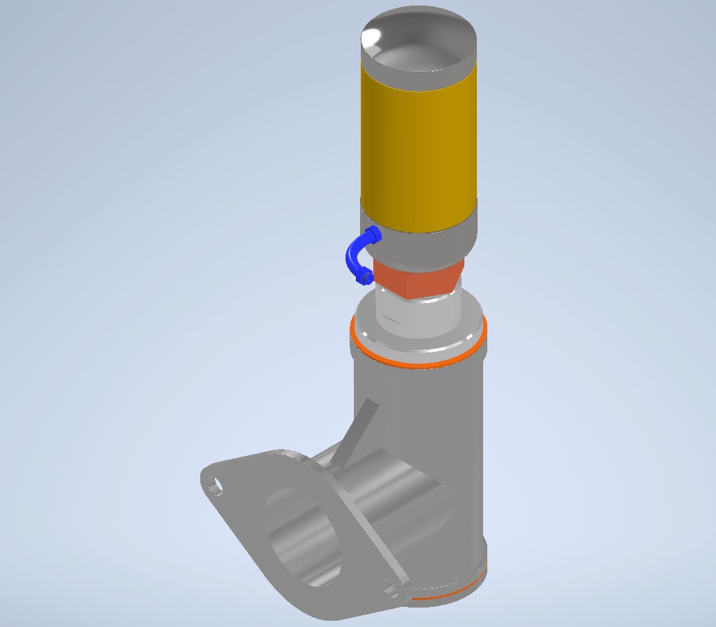 Model 3D stalowej konstrukcji z elementami w kolorze żółtym, pomarańczowym i niebieskim, przedstawiający prawdopodobnie fragment większego urządzenia.