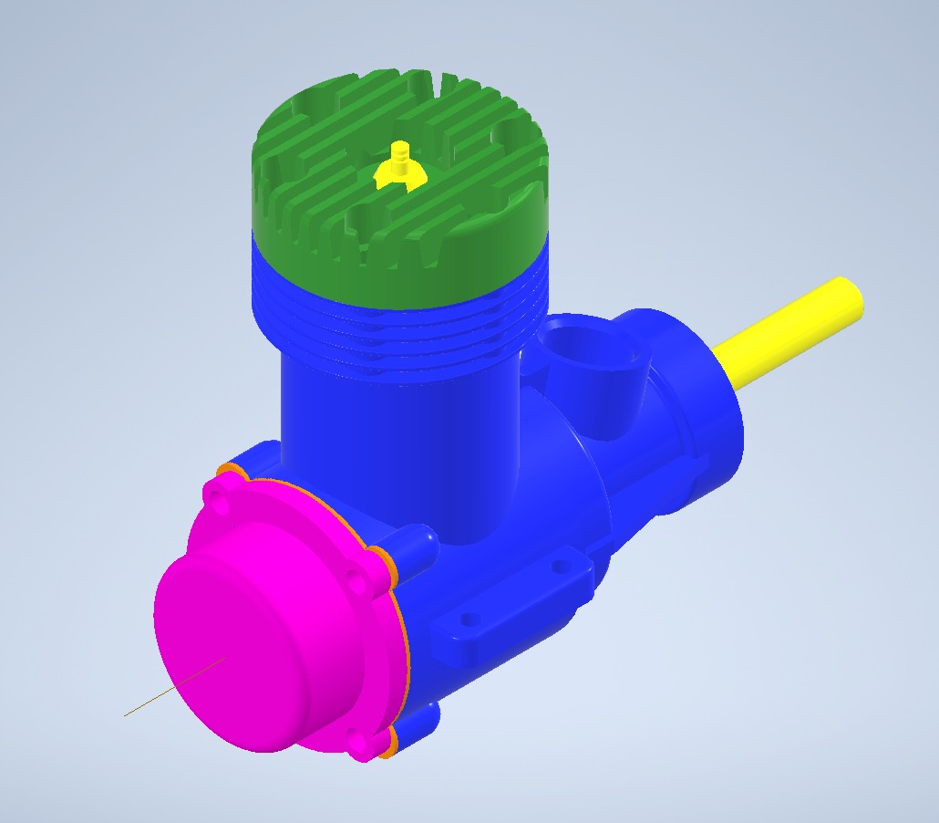 Kolorowy model 3D silnika spalinowego z zielonym cylindrem chłodzonym żebrami, niebieskim blokiem, różowym deklem i żółtym wałem korbowym na jasnym tle.