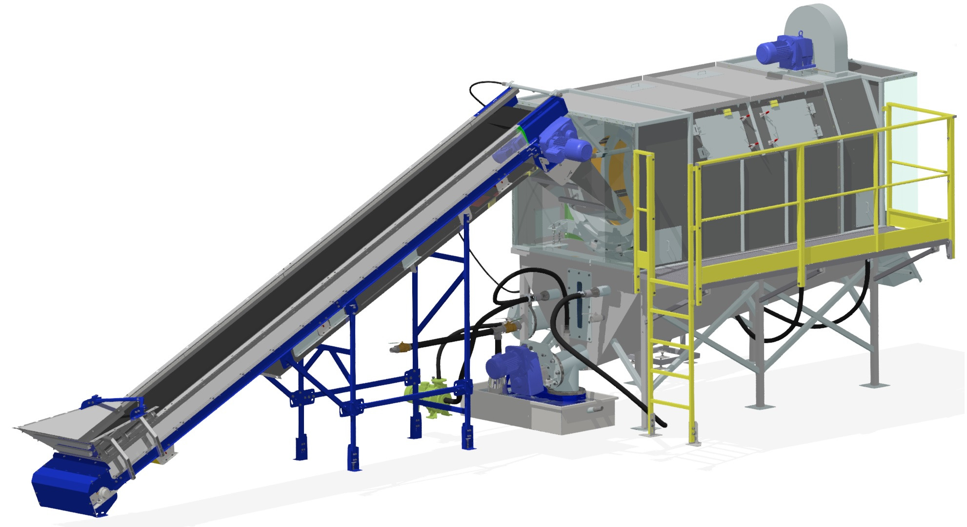 Model 3D stalowej konstrukcji z przenośnikiem taśmowym i platformą dostępową z żółtą barierką.
