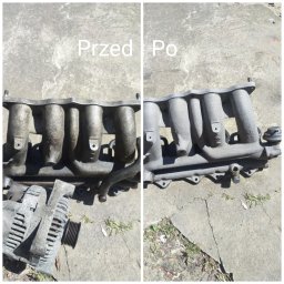 MK Laser - Kolektor ssący silnika samochodowego: stan przed i po obróbce, widoczne różnice w czystości i wyglądzie powierzchni.