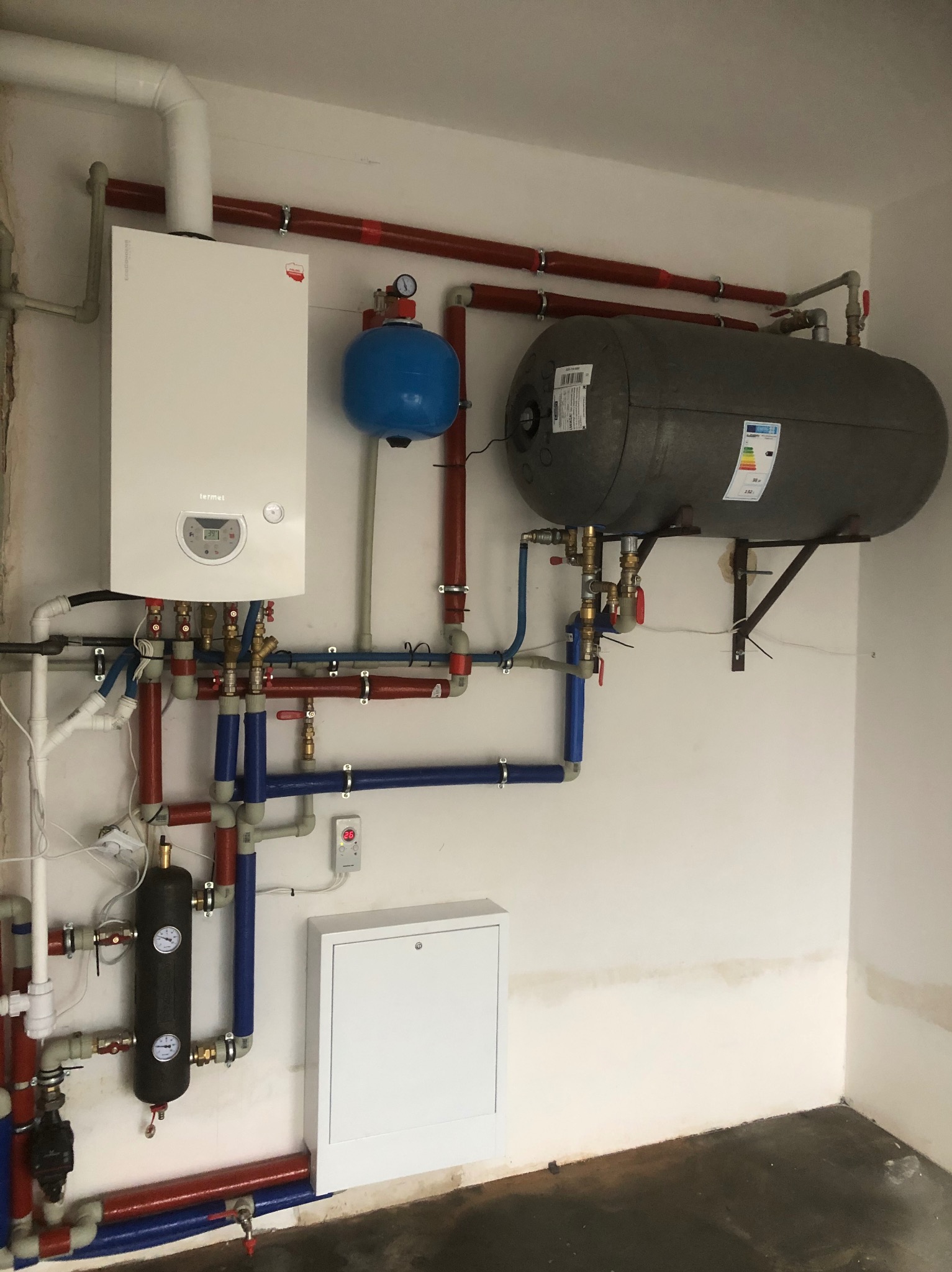 Biały piec gazowy Termet z szarym zasobnikiem wody i niebieskim naczyniem przeponowym, połączone rurami w kolorach czerwonym i niebieskim na tle białej ściany.