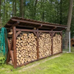 Drewniana drewutnia z trzema przegrodami, wypełniona pociętymi kłodami drewna, z zielonym wężem ogrodowym zwisającym z boku, na tle zielonej trawy i drzew.