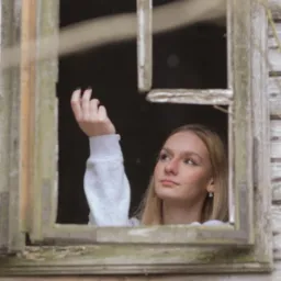 Portret młodej kobiety z blond włosami, spoglądającej w górę przez zniszczone, drewniane okno.