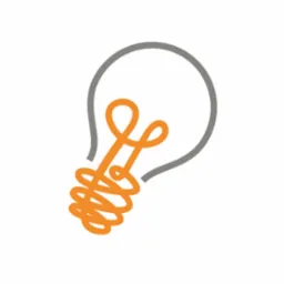 Uproszczony graficzny symbol żarówki z pomarańczowym spiralnym włóknem na białym tle, prawdopodobnie logo firmy.