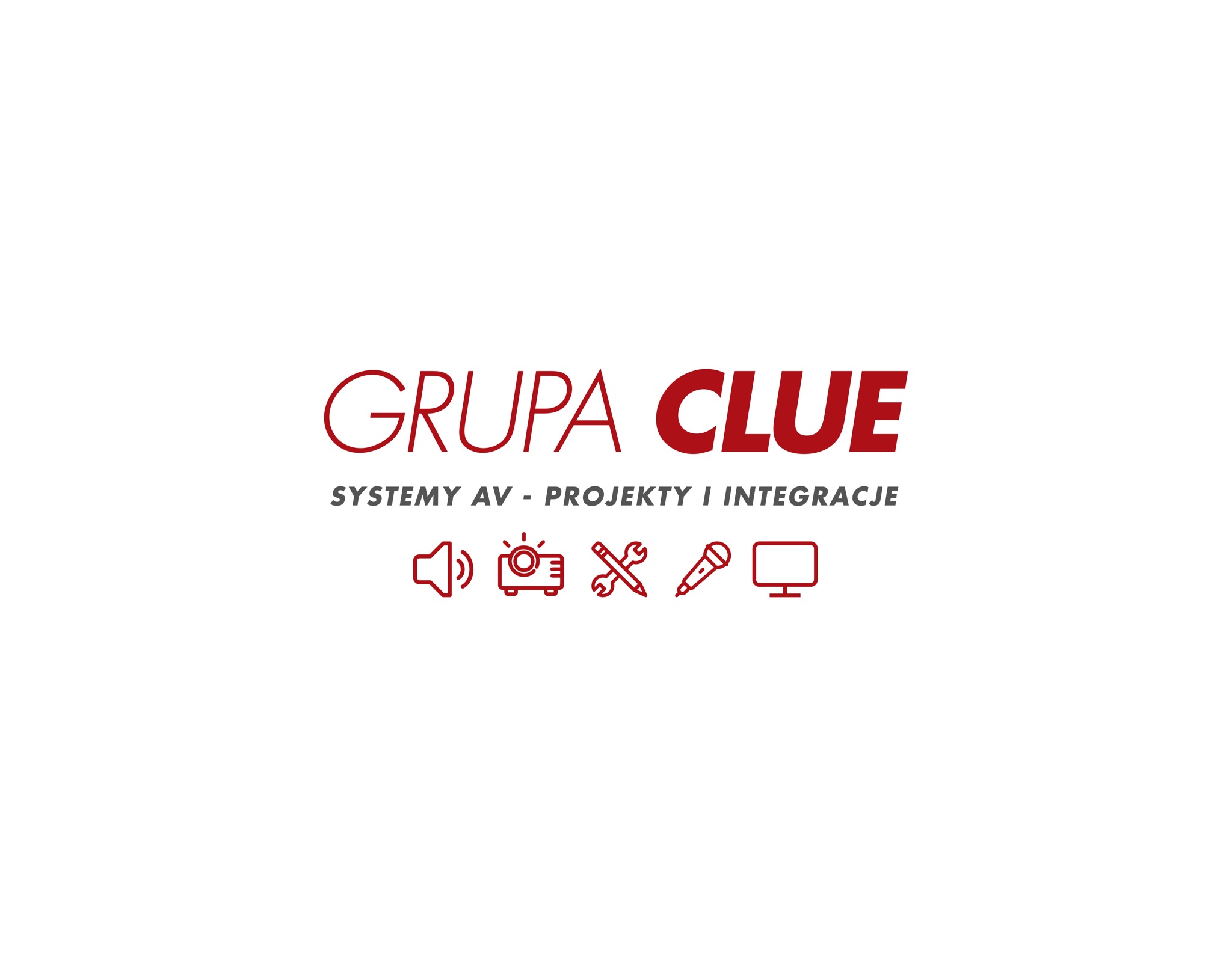 Logo firmy Grupa Clue z ikonami głośnika, projektora, narzędzi, mikrofonu i monitora, pod napisem Systemy AV - Projekty i Integracje.
