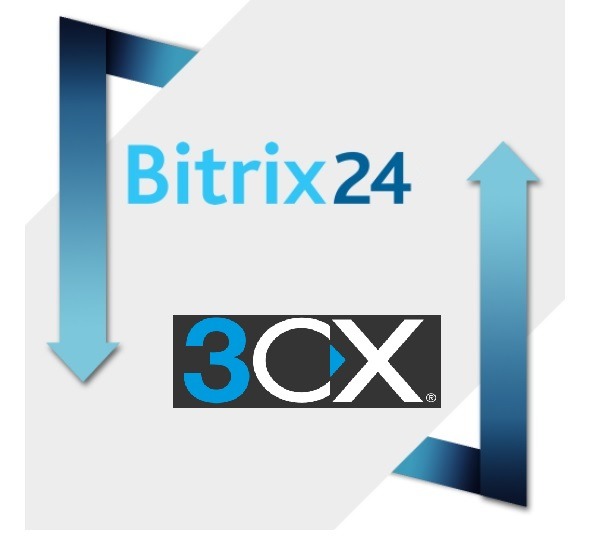 Logotypy Bitrix24 i 3CX, otoczone strzałkami w dół i w górę, na jasnoszarym tle.