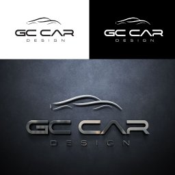 Alfa Art Barbara Róg-Pająk - Projekt logo GC Car Design zarys samochodu w trzech wariantach: biały na białym tle, biały na czarnym tle i metaliczny na ciemnoszarym teksturowanym tle.