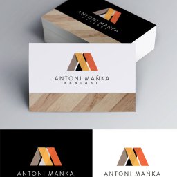 Alfa Art Barbara Róg-Pająk - Wizualizacja projektu wizytówki firmy Antoni Mańka Podłogi, z motywem drewna i geometrycznym logo w odcieniach brązu, pomarańczy i szarości.