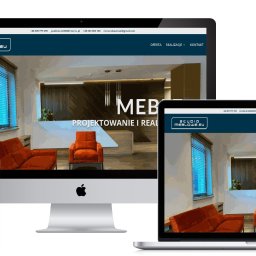 Alfa Art Barbara Róg-Pająk - Responsywna strona internetowa na różnych urządzeniach (monitor, tablet, smartfon) prezentująca projekt wnętrza z pomarańczową sofą i fotelem, z logo 'Studio Meblowe.eu' w lewym górnym rogu.