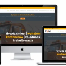 Responsywna strona internetowa firmy ZUM na różnych urządzeniach (laptop, komputer stacjonarny, tablet, smartfon), prezentująca ofertę wywozu śmieci, wynajmu kontenerów, załadunku i rekultywacji.
