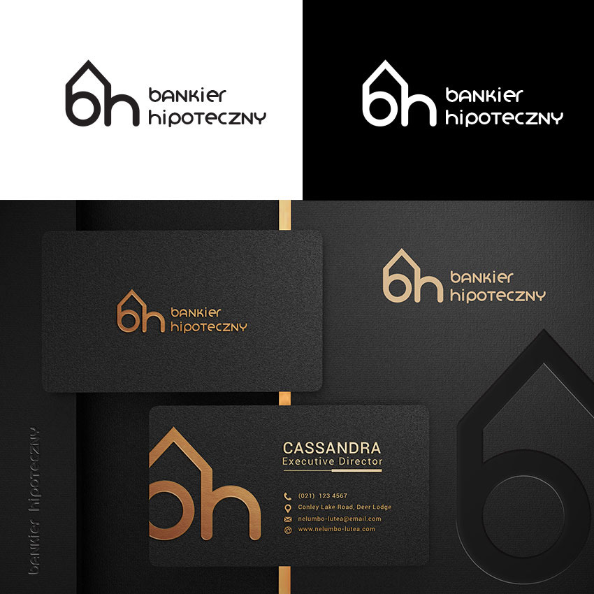 Wizualizacja identyfikacji marki: logo, wizytówki w kolorystyce czerni i złota na teksturowanym tle, prezentacja wariantów kolorystycznych logo.