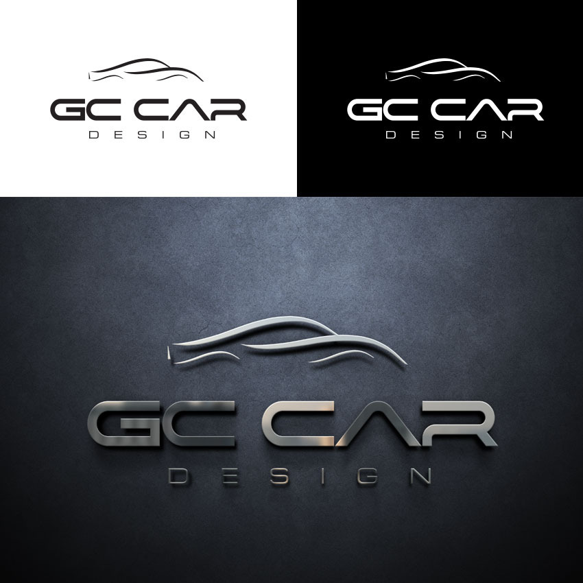 Projekt logo GC Car Design zarys samochodu w trzech wariantach: biały na białym tle, biały na czarnym tle i metaliczny na ciemnoszarym teksturowanym tle.