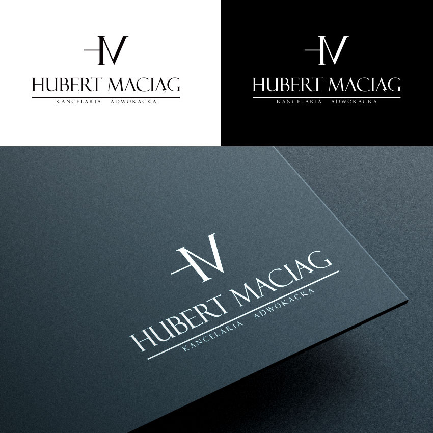 Wizualizacja logo kancelarii adwokackiej 'Hubert Maciąg' w trzech wariantach: białe na białym tle, białe na czarnym tle oraz białe na ciemnoszarym tle z efektem głębi.