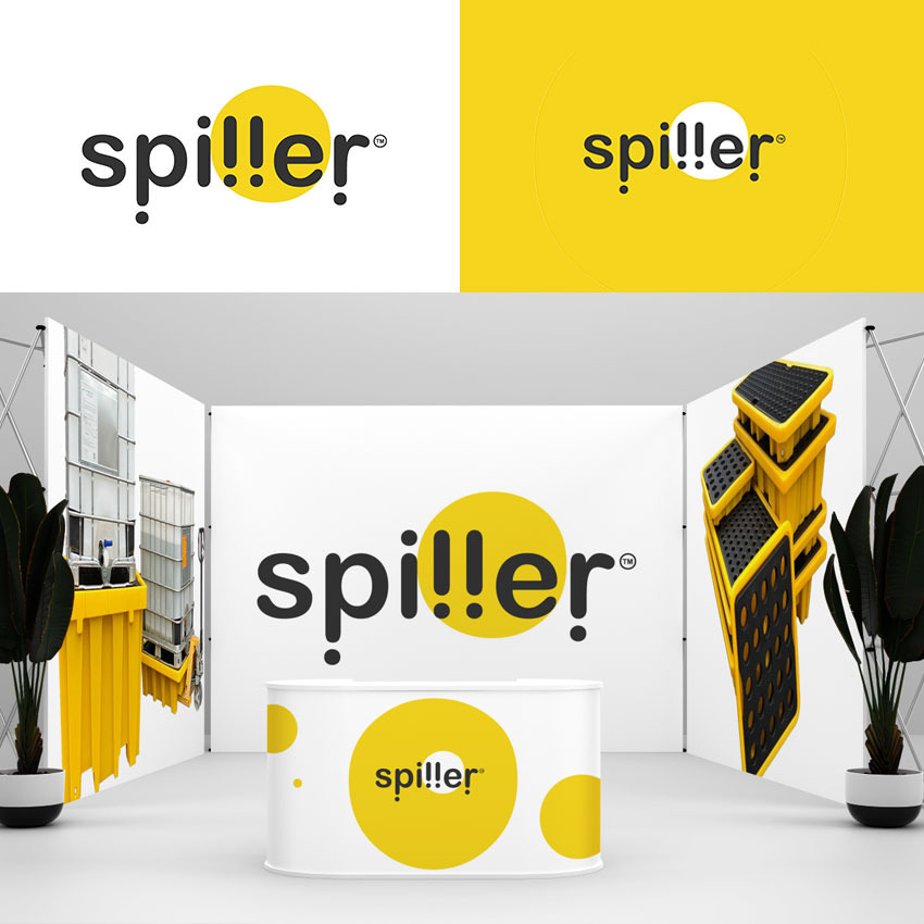 Wizualizacja stoiska targowego z logo firmy Spiller, prezentująca produkty i identyfikację wizualną marki, w minimalistycznej aranżacji z roślinami doniczkowymi.