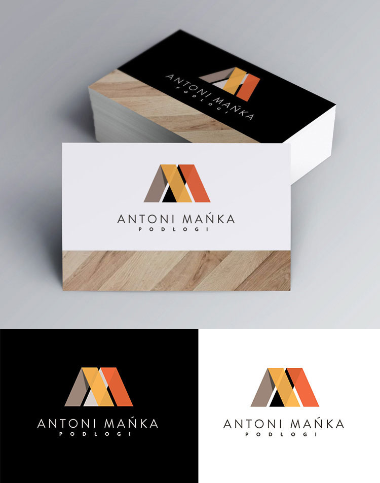 Wizualizacja projektu wizytówki firmy Antoni Mańka Podłogi, z motywem drewna i geometrycznym logo w odcieniach brązu, pomarańczy i szarości.