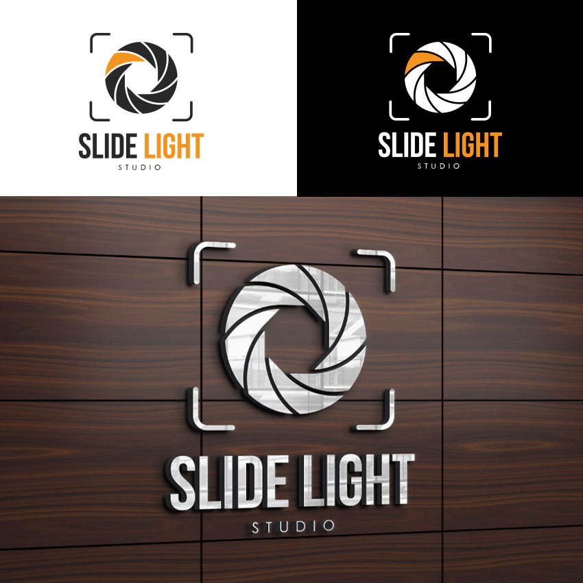 Wizualizacja logo Slide Light Studio na białym i czarnym tle oraz na drewnianej ścianie z efektem 3D.