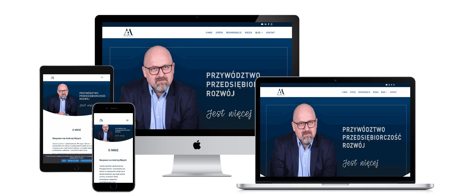 Responsywna strona internetowa wyświetlana na laptopie, monitorze, tablecie i smartfonie, prezentująca ofertę biznesową.