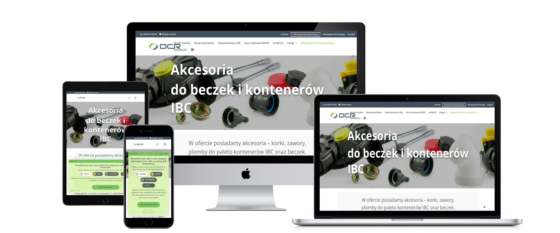 Responsywny design strony internetowej dcr.com.pl prezentowany na laptopie, tablecie i smartfonie, z widocznym nagłówkiem 'Akcesoria do beczek i kontenerów IBC'.