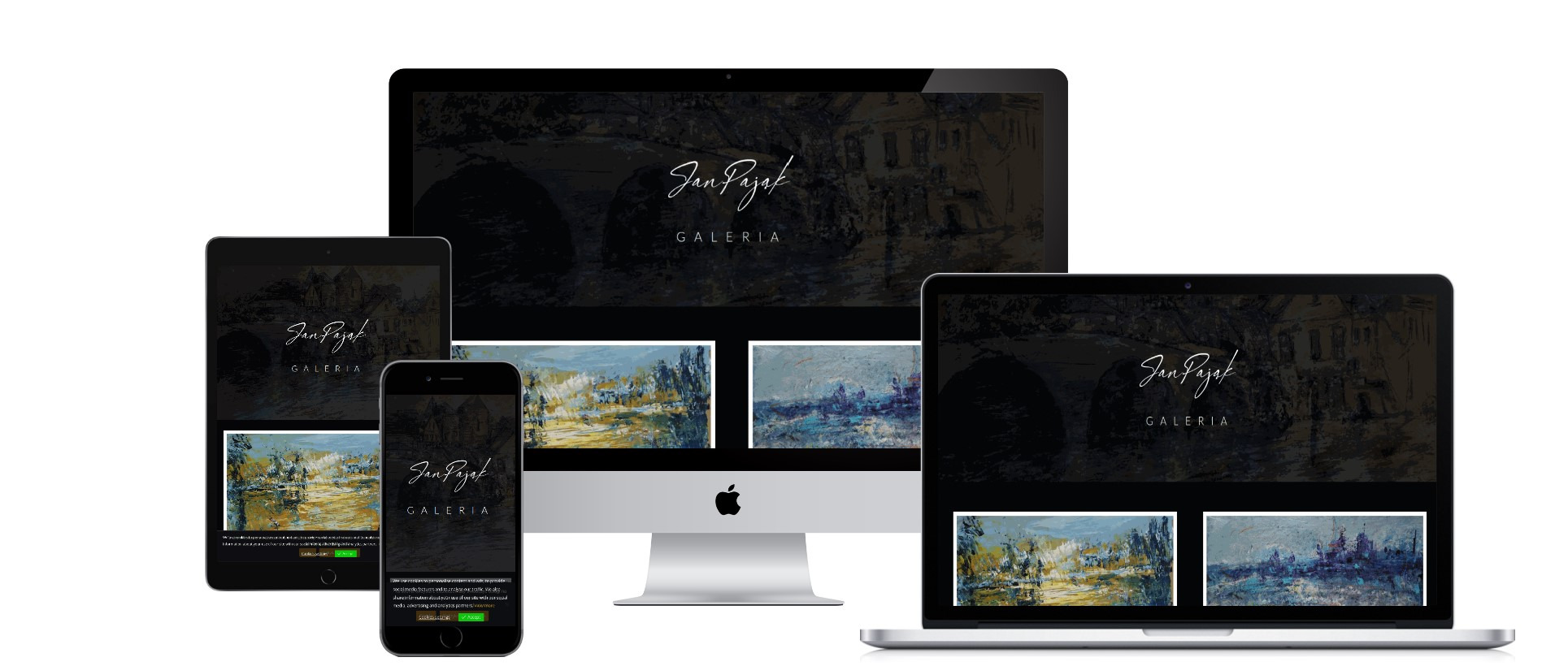 Prezentacja responsywnej strony internetowej galerii sztuki 'Jan Pajak' na monitorze, laptopie, tablecie i smartfonie w Krakowie.