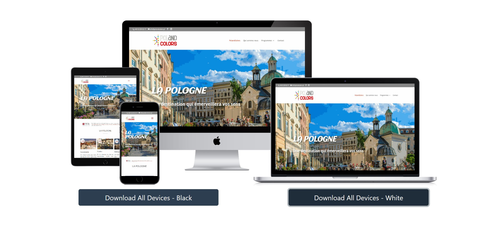 Responsywna strona internetowa o tematyce turystycznej prezentowana na monitorze, laptopie, tablecie i smartfonie, z widocznym logo firmy w lewym górnym rogu.