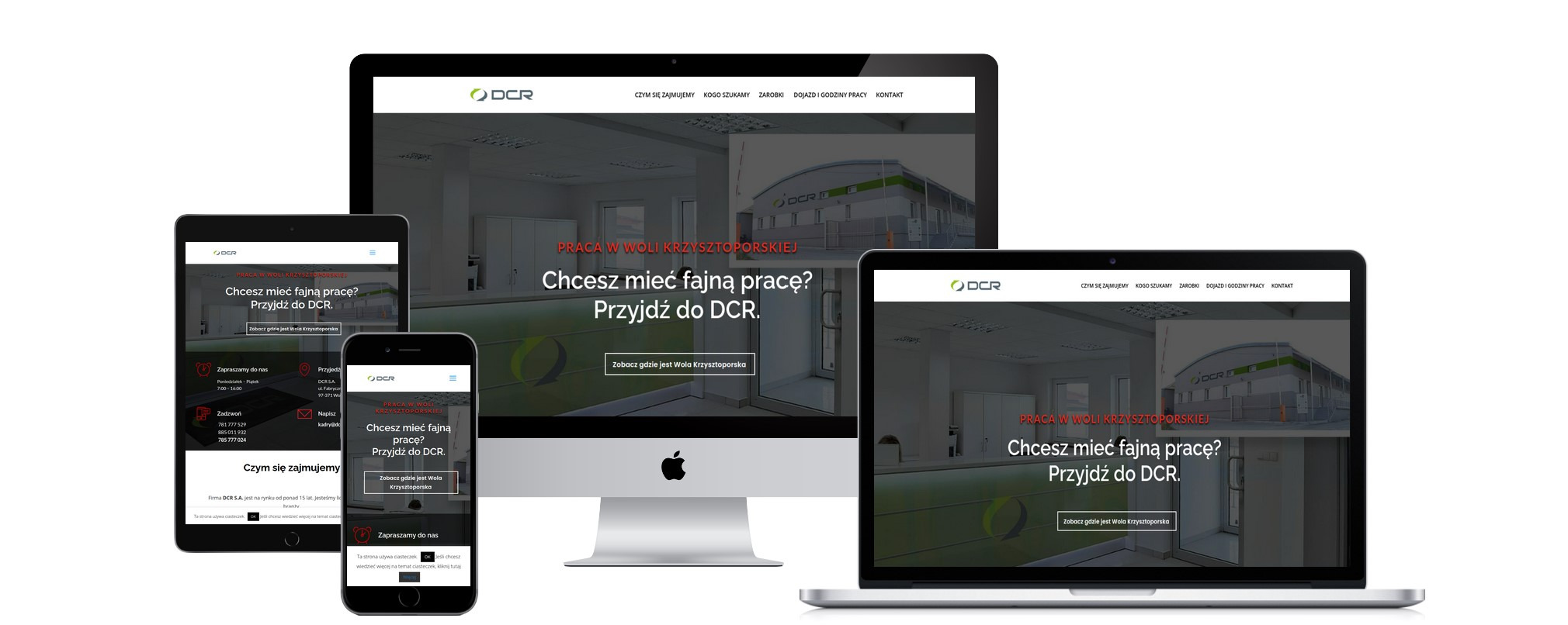 Responsywna strona internetowa DCR wyświetlana na monitorze, laptopie, tablecie i smartfonie na białym tle.