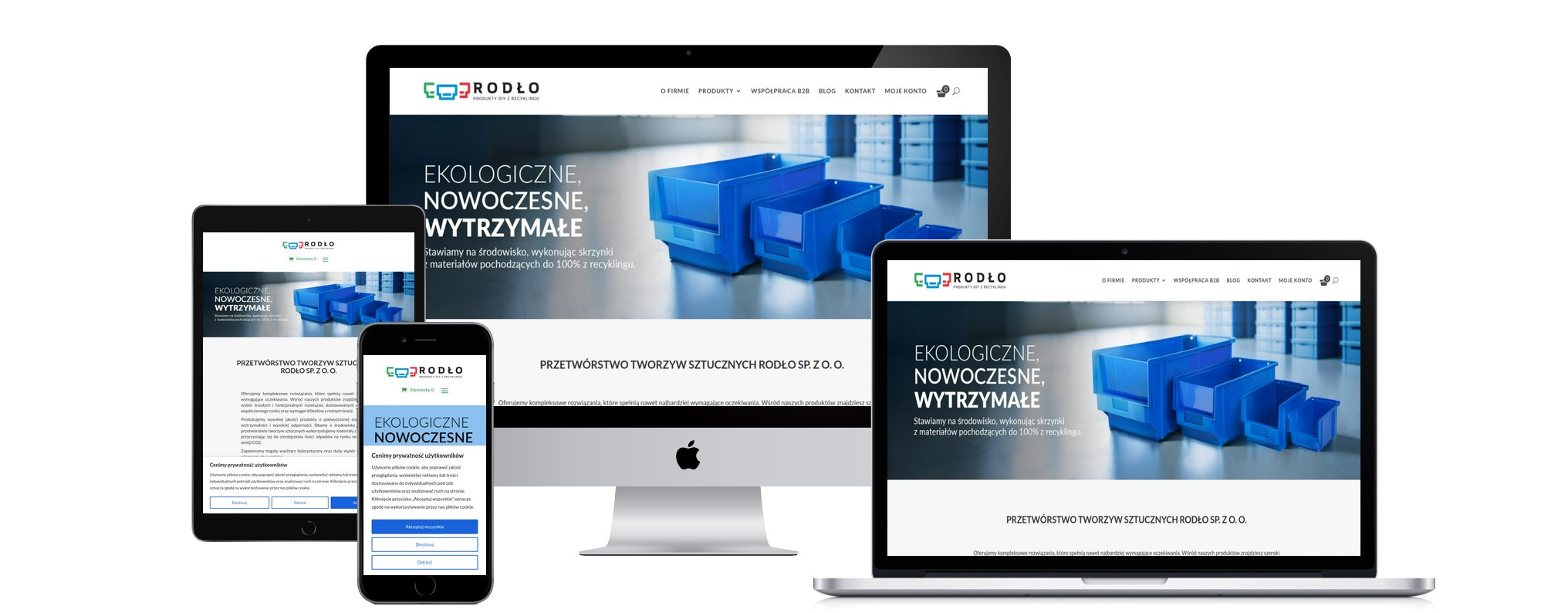 Responsywna strona internetowa firmy na różnych urządzeniach: monitorze, laptopie, tablecie i smartfonie. Strona prezentuje ekologiczne, nowoczesne i wytrzymałe skrzynki z materiałów pochodzących...