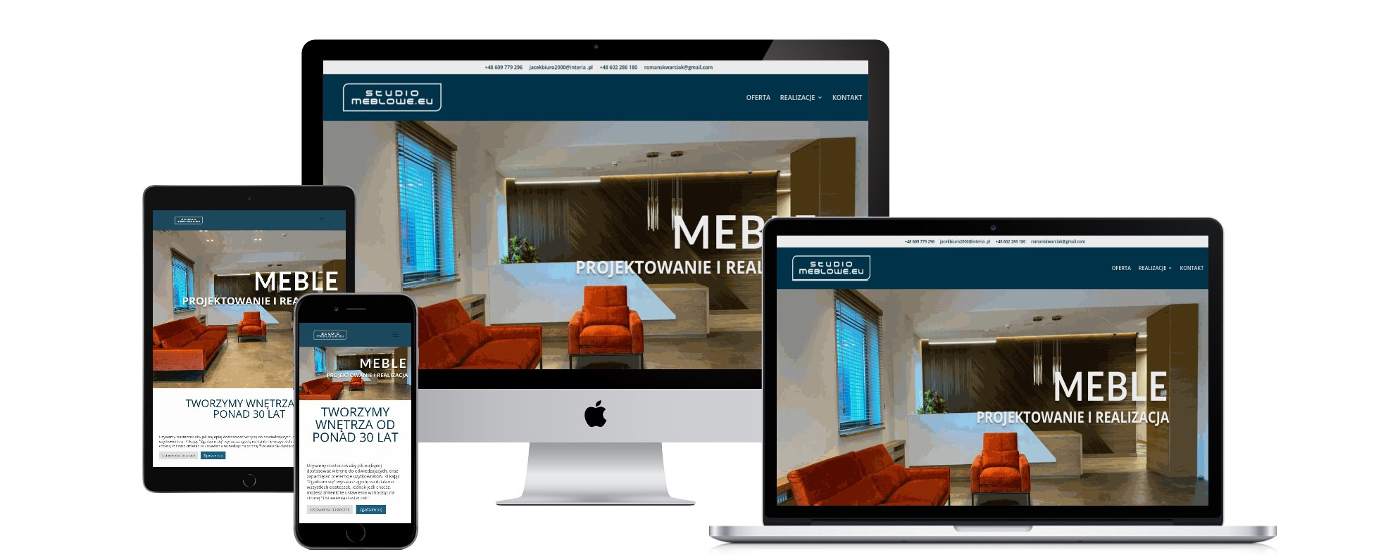 Responsywna strona internetowa na różnych urządzeniach (monitor, tablet, smartfon) prezentująca projekt wnętrza z pomarańczową sofą i fotelem, z logo 'Studio Meblowe.eu' w lewym górnym rogu.