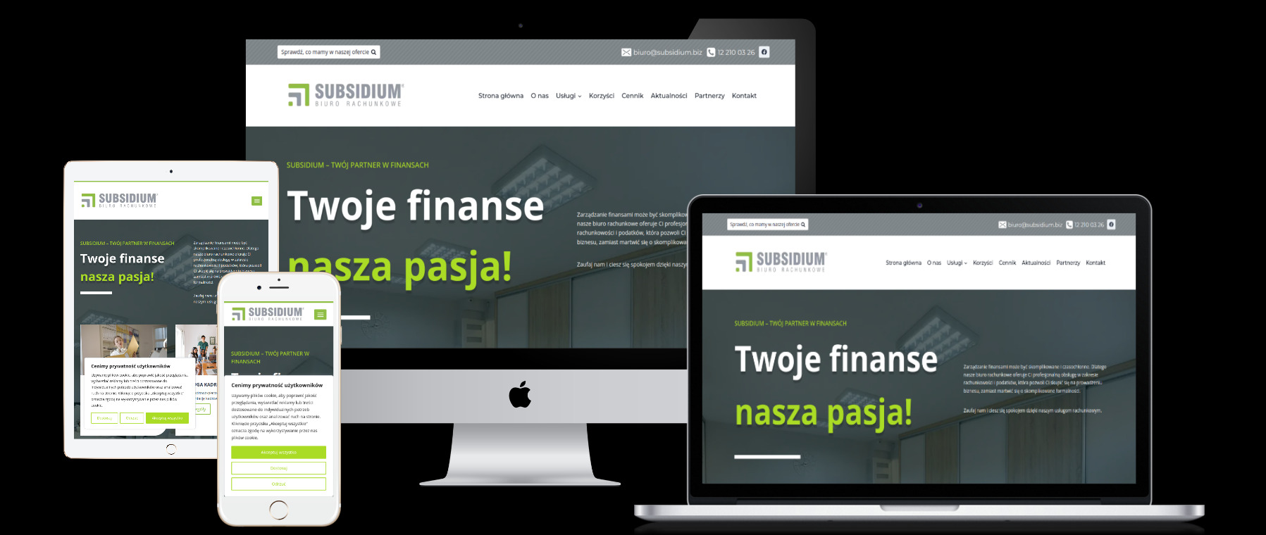 Responsywna strona internetowa biura rachunkowego 'Subsidium' wyświetlana na monitorze, tablecie i smartfonie.