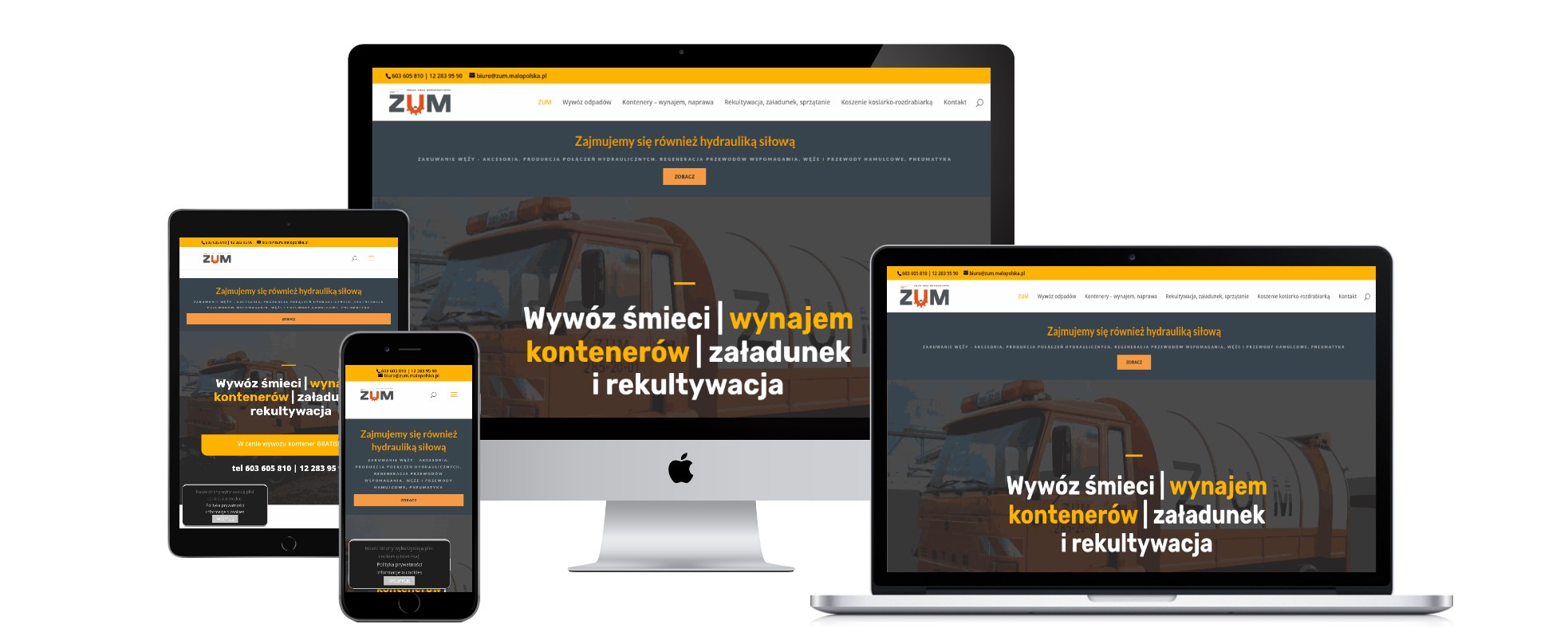 Responsywna strona internetowa firmy ZUM na różnych urządzeniach (laptop, komputer stacjonarny, tablet, smartfon), prezentująca ofertę wywozu śmieci, wynajmu kontenerów, załadunku i rekultywacji.