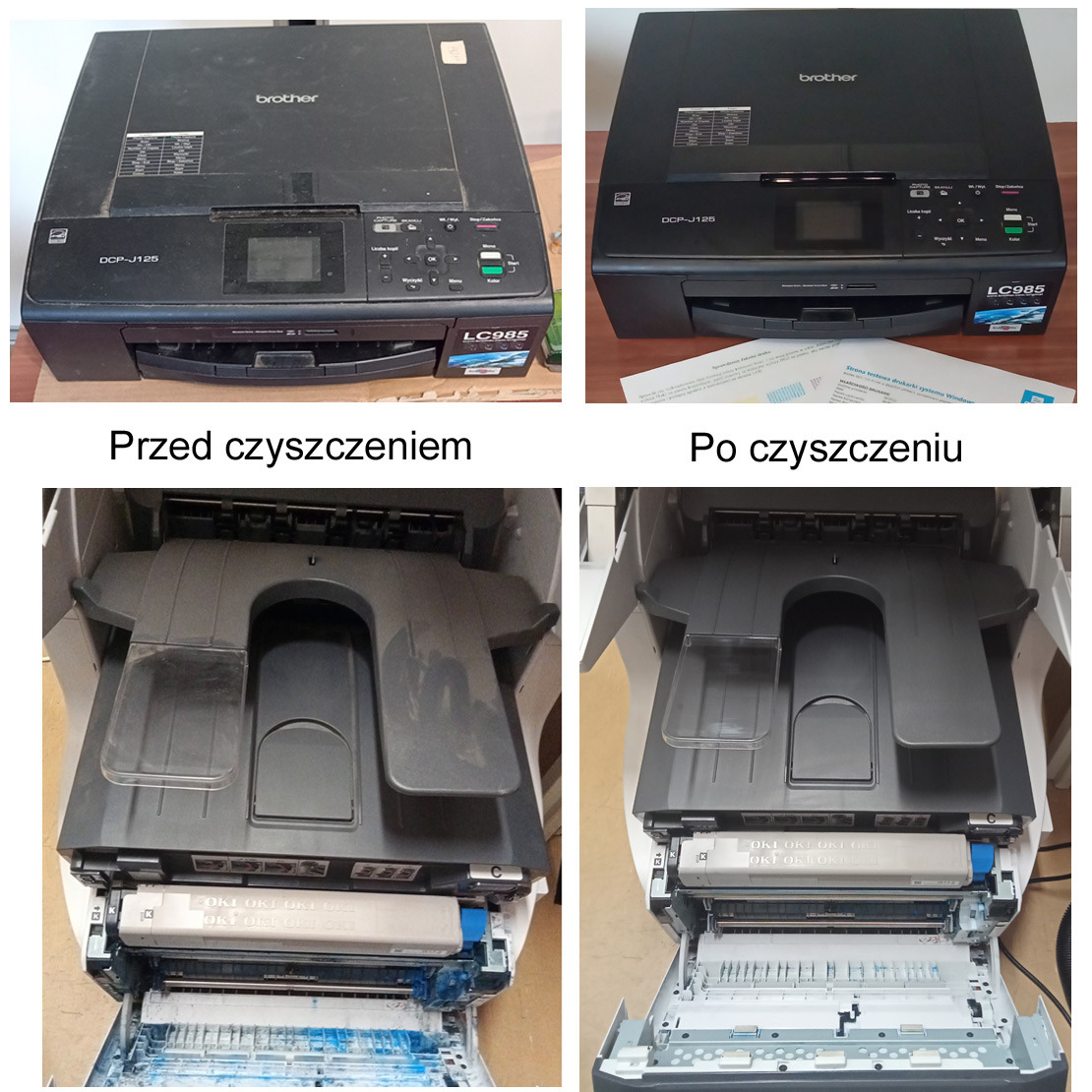 Zdjęcia przed i po czyszczeniu drukarek atramentowej Brother i laserowej OKI (regeneracja głowicy i wymiana fusera).
