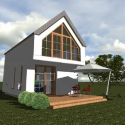 Wizualizacja 3D nowoczesnego, białego domu z dużym oknem szczytowym, drewnianym tarasem z parasolem i czerwonymi krzesłami, otoczonego zielenią i drzewami pod błękitnym niebem.