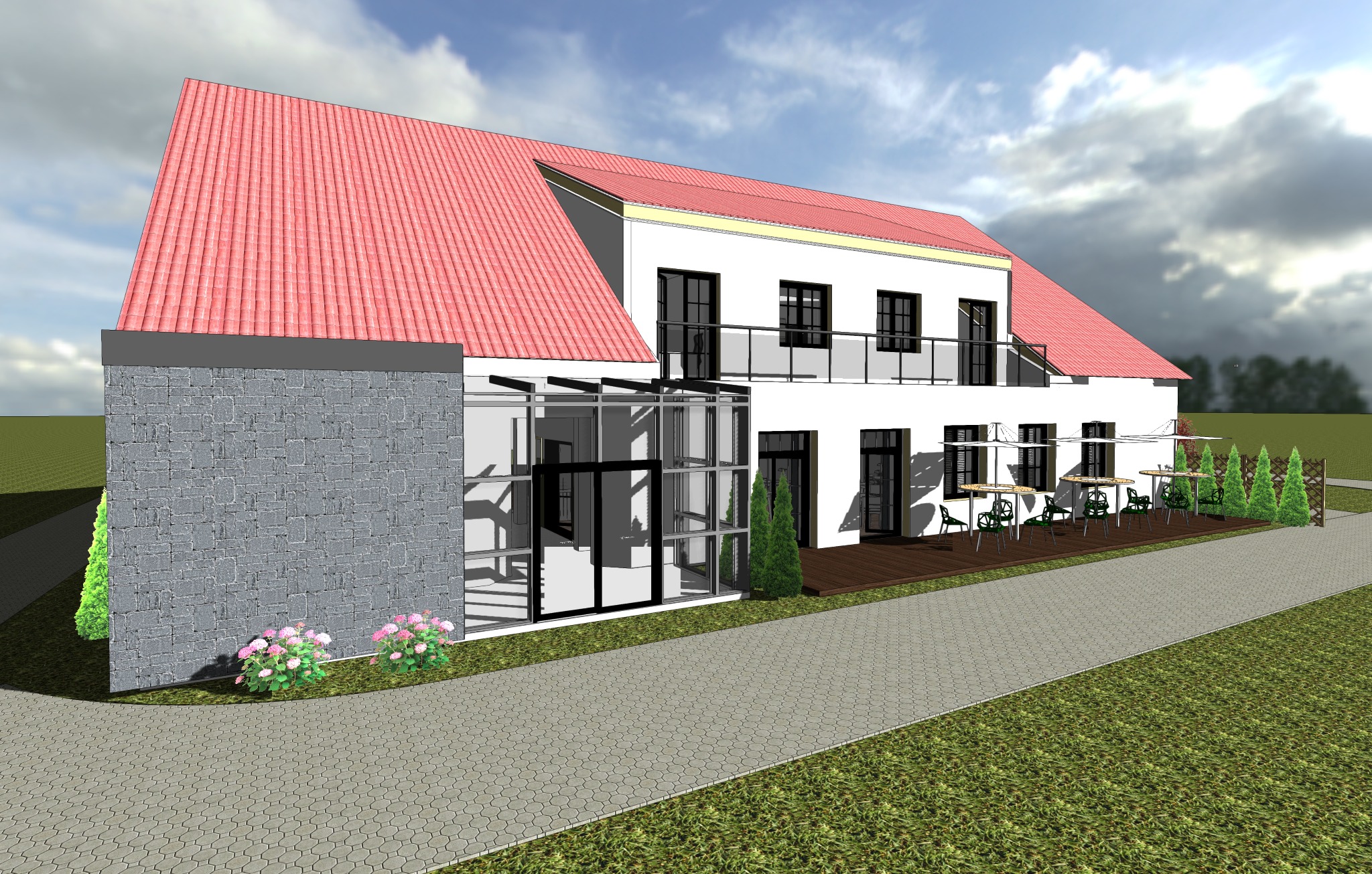 Wizualizacja dwukondygnacyjnego budynku z czerwoną dachówką, przeszkloną oranżerią i zewnętrznym tarasem z zielonymi krzesłami, otoczonego zielenią i brukowaną ścieżką.