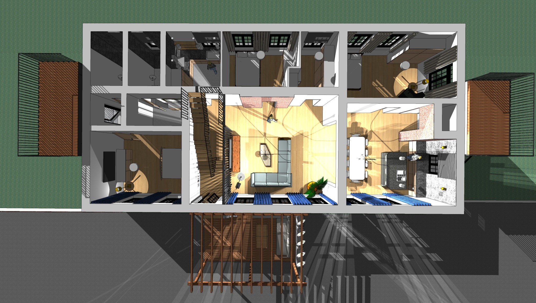 Rzut z góry na wizualizację 3D domu jednorodzinnego z tarasem i ogrodem, prezentujący układ pomieszczeń, wyposażenie wnętrz i oświetlenie.