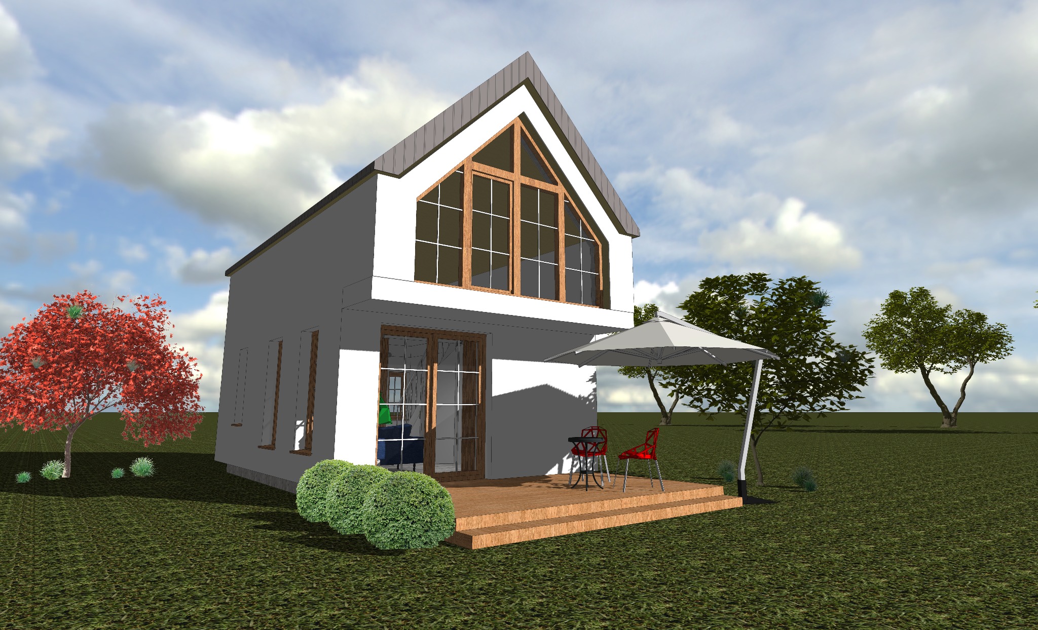 Wizualizacja 3D nowoczesnego, białego domu z dużym oknem szczytowym, drewnianym tarasem z parasolem i czerwonymi krzesłami, otoczonego zielenią i drzewami pod błękitnym niebem.