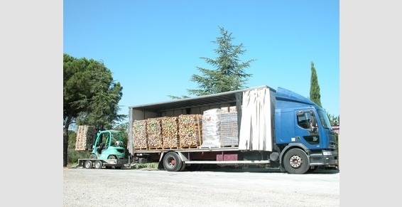 Niebieska ciężarówka z otwartą naczepą załadowaną paletami z pociętym drewnem kominkowym, rozładunek za pomocą wózka widłowego na tle drzew.