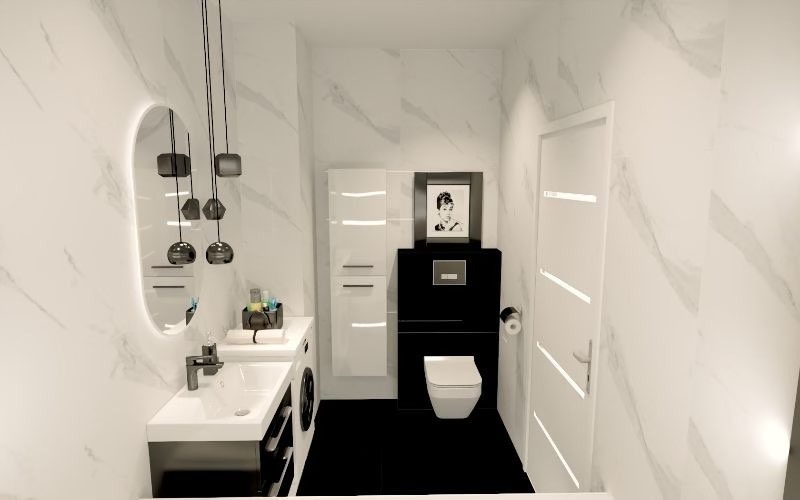Nowoczesna łazienka w bieli i czerni z marmurowymi płytkami, wiszącą umywalką, toaletą podwieszaną i ozdobnym oświetleniem.