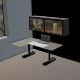 Wizualizacja minimalistycznego stanowiska pracy z dwoma monitorami i laptopem na biurku w jasnym pomieszczeniu z oknem.