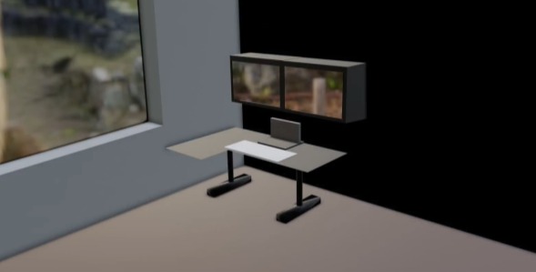 Wizualizacja minimalistycznego stanowiska pracy z dwoma monitorami i laptopem na biurku w jasnym pomieszczeniu z oknem.