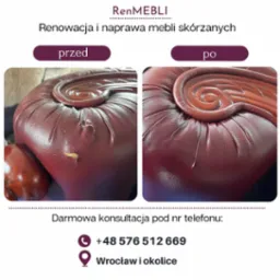 Renowacja skórzanego siedziska fotela: widoczne uszkodzenie skóry przed naprawą i efekt po renowacji, z zachowaniem oryginalnego wzoru i koloru.