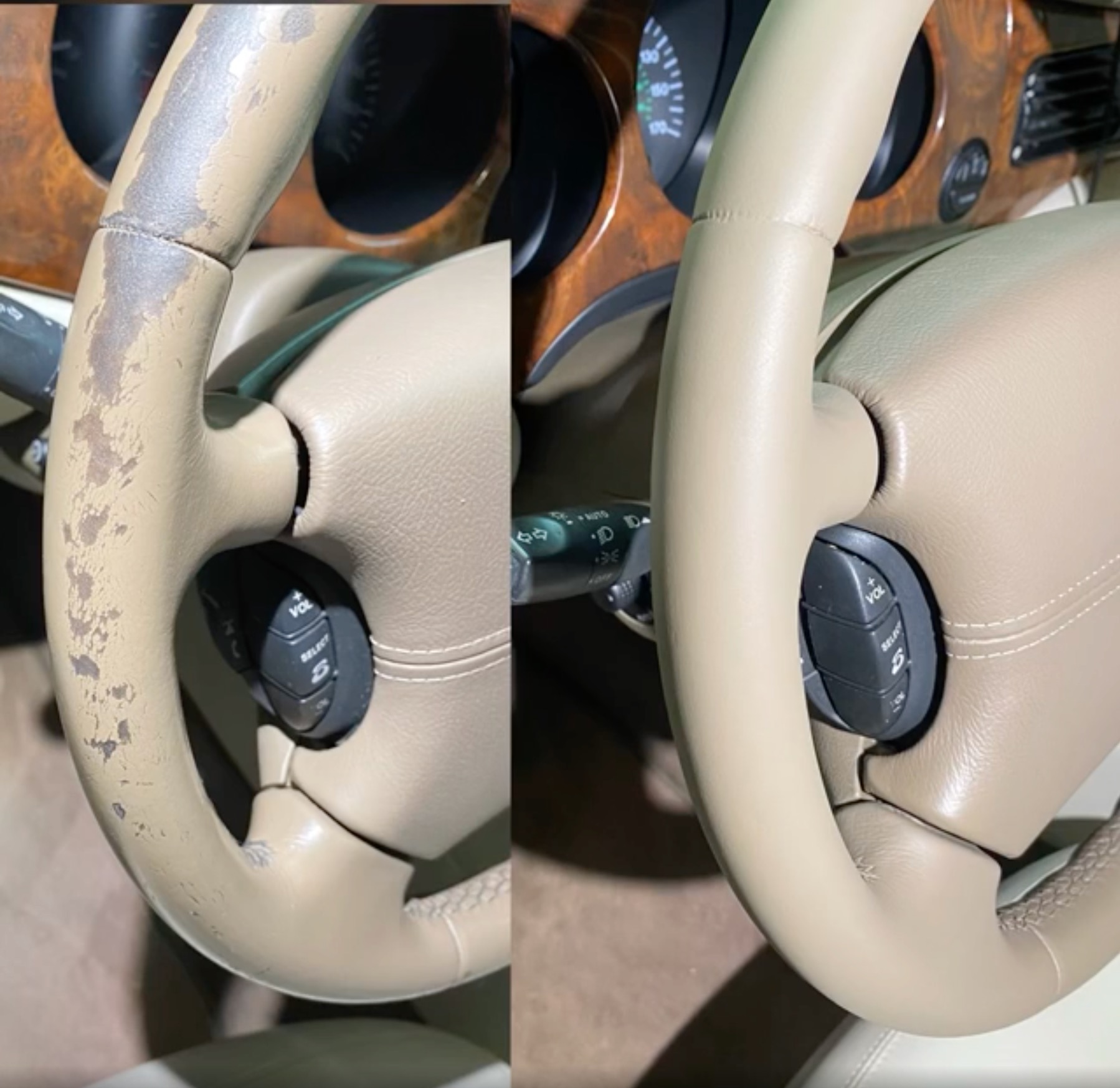 Porównanie stanu kierownicy samochodowej przed i po renowacji: zniszczona, popękana skóra po lewej stronie i odnowiona, gładka skóra po prawej stronie, widoczne elementy deski rozdzielczej...